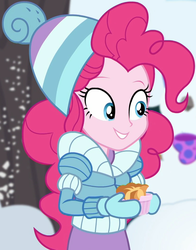 Size: 823x1052 | Tagged: safe, screencap, pinkie pie, equestria girls, equestria girls specials, g4, my little pony equestria girls: better together, my little pony equestria girls: holidays unwrapped, saving pinkie's pie, clothes, cropped, cute, female, food, gloves, mittens, smiling, snow, souffle, winter clothes, winter coat, winter hat