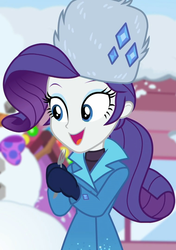 Size: 761x1080 | Tagged: safe, screencap, rarity, equestria girls, equestria girls series, g4, holidays unwrapped, saving pinkie's pie, spoiler:eqg series (season 2), beautiful, clothes, cropped, cute, female, fork, gloves, hat, jewelry, mittens, raribetes, rarity's winter hat, smiling, snow, snowman, ushanka, winter coat, winter hat