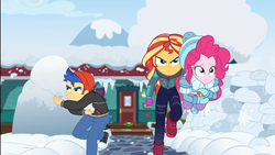 Size: 1920x1080 | Tagged: safe, screencap, flash sentry, pinkie pie, sunset shimmer, equestria girls, equestria girls series, g4, holidays unwrapped, saving pinkie's pie, spoiler:eqg series (season 2), boots, clothes, determined, female, gloves, hat, jacket, male, mittens, outdoors, pinkie's house, ramekin, shoes, snow, snowball, snowball fight, souffle, toque, winter hat, winter outfit
