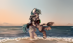Size: 3117x1857 | Tagged: safe, artist:pridark, oc, oc only, oc:joey, oc:zuri, pegasus, pony, zebra, fallout equestria, fanfic:fallout equestria: wildest dreams, beach, bipedal, commission, crying, cute, eyes closed, folded wings, ocean, open mouth, pegasus oc, purple eyes, reunion, sand, wings, zebra oc
