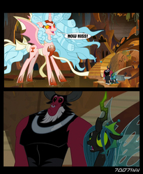 Size: 1288x1572 | Tagged: safe, edit, edited screencap, editor:teren rogriss, screencap, cozy glow, lord tirek, queen chrysalis, alicorn, centaur, changeling, changeling queen, pony, g4, the ending of the end, alicornified, bow, cave, cozycorn, female, giant demon alicorn cozy glow, horn, male, mare, now kiss, race swap, shipper on deck, spread wings, tail bow, this will end in snu snu, ultimate chrysalis, wings