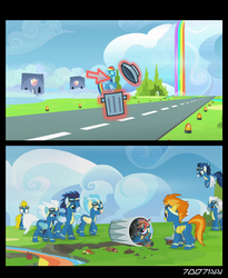 Size: 1288x1572 | Tagged: safe, edit, edited screencap, editor:teren rogriss, screencap, fleetfoot, high winds, misty fly, rainbow dash, silver lining, silver zoom, soarin', spitfire, surprise (g4), pegasus, pony, g4, magic duel, newbie dash, abuse, clothes, comic, dashabuse, female, flying, goggles, hooves, male, mare, open mouth, rainbow trash, rainbow waterfall, screencap comic, stallion, trash can, uniform, wings, wonderbolts, wonderbolts uniform