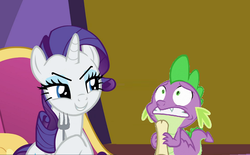 Size: 844x524 | Tagged: safe, edit, edited screencap, screencap, rarity, spike, dragon, pony, unicorn, g4, chair, evil, female, fork, gritted teeth, letter, male, nervous, smiling, wide eyes