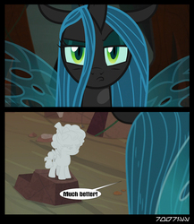 Size: 640x739 | Tagged: safe, edit, edited screencap, editor:teren rogriss, screencap, cozy glow, queen chrysalis, changeling, changeling queen, pegasus, pony, frenemies (episode), g4, cave, cobble glow, cozybuse, female, petrification, statue, wings
