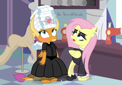 Size: 1000x700 | Tagged: safe, artist:dm29, fluttershy, smolder, dragon, pegasus, pony, fake it 'til you make it, g4, blushing, clothes, commission, dialogue, dragoness, dress, duo, fashion, female, fluttergoth, headdress, mare, patreon, sewing machine