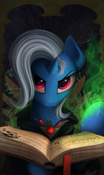 Size: 820x1380 | Tagged: safe, artist:yakovlev-vad, edit, trixie, pony, unicorn, g4, alicorn amulet, artificial wings, augmented, book, bookmark, cloak, clothes, cropped, female, fire, green fire, hoof hold, looking at you, magic, magic wings, mare, narrowed eyes, raised hoof, red eyes, smiling, smirk, solo, spellbook, wings