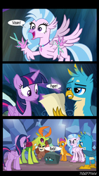 Size: 640x1134 | Tagged: safe, edit, edited screencap, editor:teren rogriss, screencap, gallus, ocellus, silverstream, smolder, thorax, twilight sparkle, alicorn, changedling, changeling, dragon, griffon, hippogriff, pony, g4, uprooted, cave, comic, disguise, disguised changeling, king thorax, paper, rock, rock paper scissors, rockellus, scissors, screencap comic, twilight sparkle (alicorn)