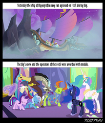 Size: 640x743 | Tagged: safe, edit, edited screencap, editor:teren rogriss, screencap, discord, princess celestia, princess luna, rockhoof, seaspray, starlight glimmer, thorax, trixie, alicorn, changedling, changeling, earth pony, hippogriff, pony, unicorn, a rockhoof and a hard place, celestial advice, g4, boat, king thorax, kneeling, ocean, shipwrecked