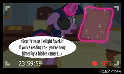Size: 640x386 | Tagged: safe, edit, edited screencap, editor:teren rogriss, screencap, twilight sparkle, alicorn, pony, friendship university, g4, camera shot, disguise, eyepatch, eyepatch (disguise), female, solo, twilight sparkle (alicorn)