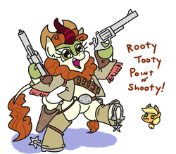Size: 1289x1131 | Tagged: safe, artist:jargon scott, applejack, autumn blaze, earth pony, kirin, pony, g4, .357, applejack is not amused, bandolier, belt, belt buckle, bipedal, chaps, chibi, clothes, cowboy, cowboy hat, cute, dexterous hooves, dialogue, fangs, female, frown, glare, gun, handgun, hat, head, holster, hoof hold, horseshoes, jacket, looking at you, mare, no pupils, no trigger discipline, open mouth, raised leg, revolver, simple background, smiling, spurs, text, unamused, wat, white background