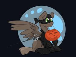 Size: 1027x778 | Tagged: safe, artist:cadetredshirt, oc, oc only, pegasus, pony, clothes, commission, costume, full body, halloween, halloween costume, holiday, male, moon, mouth hold, night, nightmare night, nightmare night costume, pumpkin bucket, rapier, simple background, sitting, solo, stallion, sword, the dread pirate roberts, the princess bride, weapon, wings, ych result