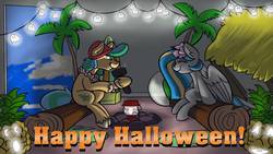 Size: 1192x670 | Tagged: safe, artist:cadetredshirt, oc, oc:sunny showers, earth pony, ghost, pegasus, pony, backdrop, beach ball, beanie, cardboard cutout, clothes, female, flashlight (object), flower, food, ghost story, halloween, hat, hawaiian, hawaiian flower in hair, holiday, jack-o-lantern, lantern, luau, male, palm tree, pineapple, pumpkin, sitting, smiling, tree, two toned mane, two toned tail, vanhoover, vanhoover pony expo 2020, wings