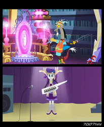 Size: 640x781 | Tagged: safe, edit, edited screencap, editor:teren rogriss, screencap, discord, rarity, draconequus, equestria girls, g4, my little pony equestria girls: rainbow rocks, what about discord?, crystal mirror, fishing rod, keytar, magnet, microphone, musical instrument, stage, twilight's castle