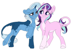 Size: 966x679 | Tagged: safe, artist:fablokii, starlight glimmer, trixie, classical unicorn, pony, unicorn, g4, curved horn, eye contact, female, horn, leonine tail, lesbian, looking at each other, mare, ship:startrix, shipping, simple background, transparent background