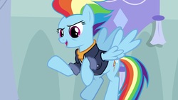 Size: 1920x1080 | Tagged: safe, screencap, rainbow dash, pony, g4, the last problem, alternate hairstyle, bags under eyes, clothes, cutie mark, female, flying, future, jacket, mare, older, older rainbow dash, raised hoof, solo, spread wings, time skip, wings, wrinkles