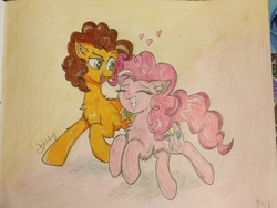 Size: 2333x1752 | Tagged: safe, artist:wooshy, cheese sandwich, pinkie pie, pony, g4, female, male, ship:cheesepie, shipping, smiling, straight, traditional art, trotting