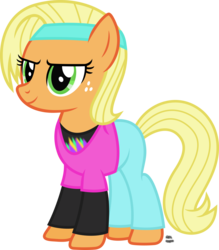 Size: 1059x1208 | Tagged: safe, artist:anime-equestria, applejack, earth pony, pony, g4, 80s, alternate hairstyle, clothes, female, freckles, hairband, long sleeved shirt, loose hair, shirt, short hair, simple background, smiling, solo, transparent background, vector, workout outfit
