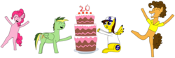 Size: 1280x427 | Tagged: safe, artist:didgereethebrony, cheese sandwich, pinkie pie, oc, oc:didgeree, oc:ponyseb, earth pony, pegasus, pony, g4, birthday, birthday cake, cake, candle, chubby, clothes, drool, eyes on the prize, food, ponyseb's outfit, shirt, simple background, sweater, transparent background