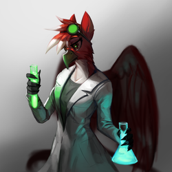Size: 2000x2000 | Tagged: safe, artist:nsilverdraws, oc, oc only, oc:drdenson, griffon, anthro, beak, clothes, female, glowing, goggles, high res, lab coat, looking at you, potion, rule 63, science, scientist, simple background, solo, wings