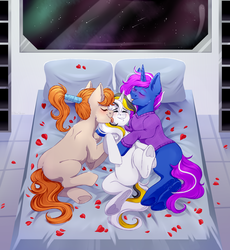Size: 3000x3264 | Tagged: safe, artist:djkaskan, pony, unicorn, bedroom, eyes closed, flower, high res, licking, polyamory, rose, rose petals, space, spaceship, tongue out