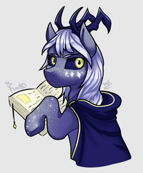 Size: 403x487 | Tagged: safe, artist:magicstarfriends, pony, aaravos, anime, blue sclera, book, cloak, clothes, colored sclera, gray background, horns, male, ponified, simple background, solo, stallion, startouch elf, the dragon prince, yellow eyes
