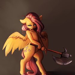 Size: 3200x3200 | Tagged: safe, artist:miokomata, fluttershy, pegasus, semi-anthro, g4, arm hooves, axe, badass, battle axe, bipedal, dungeons and dragons, female, floppy ears, flutterbadass, freckles, high res, hoof hold, mare, pen and paper rpg, rpg, solo, weapon