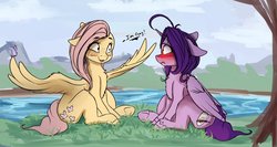 Size: 2820x1501 | Tagged: safe, artist:miokomata, fluttershy, oc, oc:dazzling talents, alicorn, butterfly, pegasus, pony, g4, alicorn oc, blushing, coming out, dialogue, duo, female, freckles, i'm gay, lesbian, mare