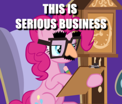 Size: 479x408 | Tagged: safe, edit, edited screencap, screencap, pinkie pie, earth pony, pony, fame and misfortune, g4, caption, clipboard, cropped, dexterous hooves, female, groucho mask, hoof hold, image macro, pencil, solo, text