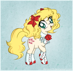 Size: 750x734 | Tagged: safe, artist:almiux19, earth pony, pony, anime, boots, bow, candice white, candy candy, female, hair bow, mare, ponified, shoes, solo