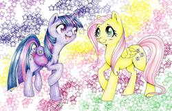 Size: 1111x719 | Tagged: safe, artist:sushicow, fluttershy, twilight sparkle, pony, g4, blushing, looking at each other, saddle bag, traditional art