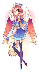 Size: 976x1763 | Tagged: safe, artist:manella-art, oc, alicorn, anthro, alicorn oc, colored wings, female, hair over one eye, multicolored wings, wings
