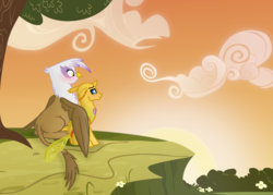 Size: 3304x2362 | Tagged: safe, artist:flipwix, gilda, oc, oc:ren the changeling, changedling, changeling, griffon, g4, canon x oc, changedling oc, changeling oc, cute, female, gilren, high res, male, shipping, straight, sunset, yellow changeling