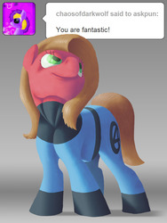 Size: 600x800 | Tagged: safe, artist:crispokefan, oc, oc only, oc:pun, earth pony, pony, ask pun, ask, clothes, cosplay, costume, fantastic four, female, mare, solo
