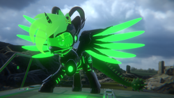 Size: 3840x2160 | Tagged: safe, artist:phoenixtm, oc, oc:phoenix stardash, alicorn, cyborg, dracony, dragon, hybrid, pony, 3d, angry, battle stance, dracony alicorn, energy weapon, helmet, high res, looking at camera, mask, spread wings, timber dracony, unity (game engine), visor, weapon, wings