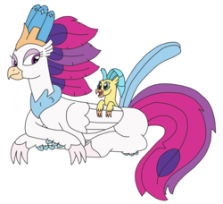 Size: 2679x2448 | Tagged: safe, artist:supahdonarudo, princess skystar, queen novo, classical hippogriff, hippogriff, series:novoember, g4, my little pony: the movie, cute, female, filly, filly skystar, fledgeling, freckles, high res, looking back, mother and daughter, on back, prone, simple background, skyabetes, transparent background, younger