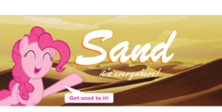 Size: 3000x1519 | Tagged: safe, artist:slb94, edit, edited screencap, screencap, pinkie pie, earth pony, genie, pony, g4, my little pony: the movie, aladdin, aladdin and the king of thieves, bone dry desert, caption, desert, eyes closed, female, happy, high res, image macro, mare, open mouth, open smile, raised hoof, reference, sand, smiling, solo, speech bubble, text, vector