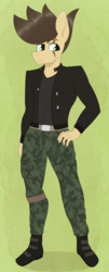 Size: 1414x3515 | Tagged: safe, artist:dyonys, oc, oc:night chaser, earth pony, anthro, belt, camouflage, clothes, jacket, leather jacket, male, scar, standing