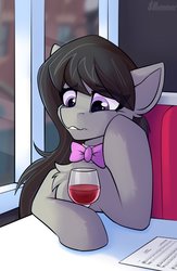 Size: 1300x2000 | Tagged: dead source, safe, alternate version, artist:shadowreindeer, octavia melody, earth pony, pony, g4, alcohol, bowtie, chest fluff, drink, ear fluff, female, mare, octavia's bowtie, sitting, solo, wine, worried