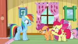 Size: 1920x1080 | Tagged: safe, screencap, apple bloom, rainbow dash, scootaloo, sweetie belle, earth pony, pony, g4, the last crusade, clubhouse, crusaders clubhouse, crying, cutie mark crusaders, floppy ears
