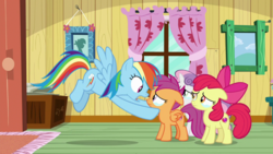 Size: 1920x1080 | Tagged: safe, screencap, apple bloom, rainbow dash, scootaloo, sweetie belle, pony, g4, the last crusade, clubhouse, crusaders clubhouse, crying, cutie mark crusaders, teary eyes