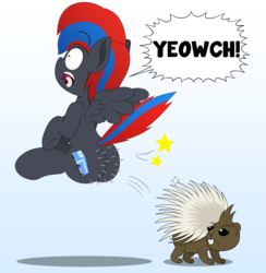 Size: 3900x4000 | Tagged: safe, artist:aarondrawsarts, oc, oc:smooth walker, pegasus, pony, porcupine, butt, literal butthurt, ouch, pain, plot, poking, ych result