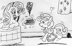 Size: 3536x2256 | Tagged: safe, artist:debmervin, rarity, sweetie belle, pony, unicorn, g4, apron, clothes, cooking, eyes closed, female, filly, food, heart, high res, magic, mare, monochrome, mouse hole, smoke, sweetie belle can't cook, sweetie fail, this will end in tears and/or breakfast, traditional art