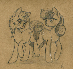 Size: 1000x944 | Tagged: safe, artist:maytee, bon bon, lyra heartstrings, sweetie drops, earth pony, pony, unicorn, g4, duo, female, looking at each other, mare, partial color, pencil drawing, toned paper, traditional art