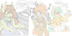 Size: 3261x1661 | Tagged: safe, artist:blackbewhite2k7, button mash, featherweight, snails, anthro, g4, catherine (game), colored sketch, crossdressing, crossover, erica anderson, femboy, gay, glitter shell, male, music notes, musical instrument, older, parody, piano, qatherine, sour note, transgender, vincent brook