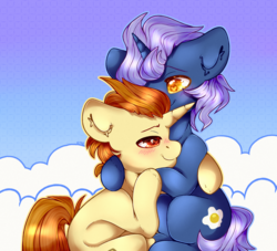 Size: 2200x2000 | Tagged: safe, artist:etoz, golden crust, midnight snack (g4), pony, unicorn, g4, blushing, cloud, commission, cute, friendship student, gay, gradient background, happy, heart eyes, high res, horn, hug, male, ship:goldensnack, shipping, smiling, stallion, wingding eyes