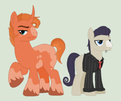 Size: 669x559 | Tagged: safe, artist:lanabananaa, artist:selenaede, oc, oc only, earth pony, pony, unicorn, base used, blank flank, cigarette, clothes, coat markings, crack ship offspring, curved horn, green background, horn, jacket, magical gay spawn, necktie, offspring, parent:big macintosh, parent:filthy rich, parent:rarity, parent:sunburst, parents:macburst, parents:raririch, simple background, unshorn fetlocks