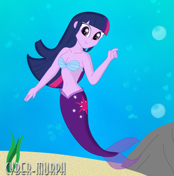 Size: 2056x2076 | Tagged: safe, artist:cyber-murph, twilight sparkle, mermaid, equestria girls, g4, belly, belly button, breasts, bubble, cleavage, clothes, cutie mark, high res, mermaidized, midriff, seashell bra, seaweed, solo, species swap
