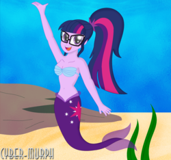 Size: 2204x2060 | Tagged: safe, artist:cyber-murph, sci-twi, twilight sparkle, mermaid, equestria girls, g4, adorkable, armpits, arms in the air, belly, belly button, bikini, bikini top, clothes, cute, dork, glasses, hands in the air, high res, mermaidized, midriff, ponytail, seashell bra, species swap, swimsuit, twiabetes, underwater