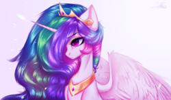 Size: 3176x1849 | Tagged: safe, artist:shenki, princess celestia, alicorn, pony, g4, beautiful, crown, digital art, female, hair over one eye, high res, jewelry, regalia, solo