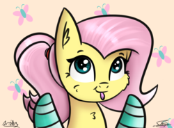 Size: 1822x1339 | Tagged: safe, artist:artiks, artist:sadtrooper, fluttershy, pony, g4, :p, cheek fluff, clothes, cute, cutie mark background, female, mare, shyabetes, socks, solo, striped socks, tongue out